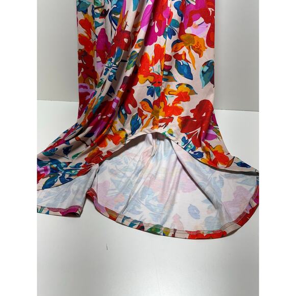 Y2K Halter Midi Dress Sz M Floral Orange Pink Teal Side Slits New Tropical Beach - Picture 6 of 9